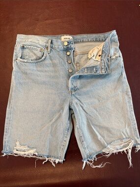 Agolde Light Blue Button-Fly Distressed Denim Shorts